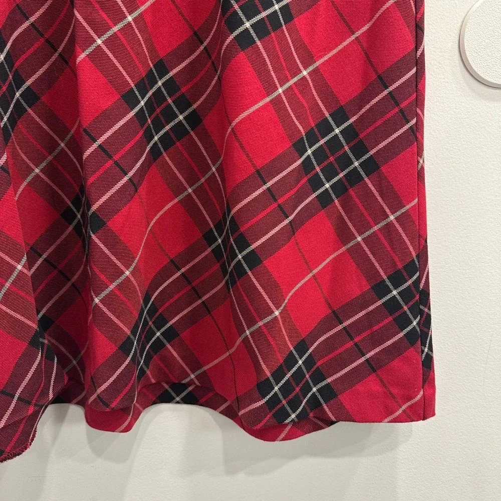 Red Plaid Tartan Midi Skirt Bias Cut A-Line Red Black White Classic Preppy Sz 14